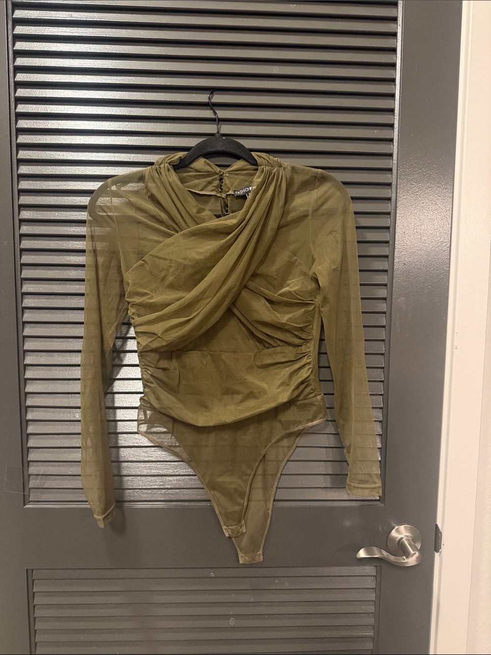 Fashion Nova Olive Green Mesh Draped Long Sleeve Bodysuit